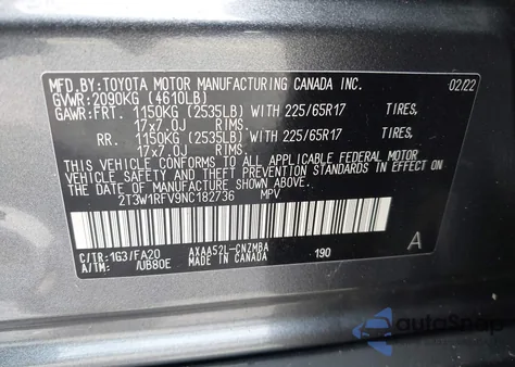 2022 Toyota Rav4 Xle из США, поврежденный, VIN 2T3W1RFV9NC182736